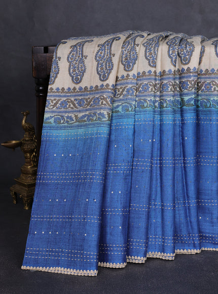 Beige - Indigo Bluetussar Kantha Embroidery Silk Saree