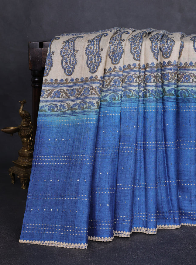Beige - Indigo Bluetussar Kantha Embroidery Silk Saree