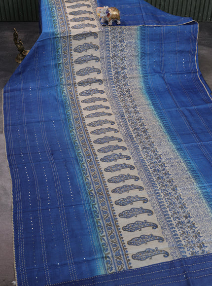 Beige - Indigo Bluetussar Kantha Embroidery Silk Saree