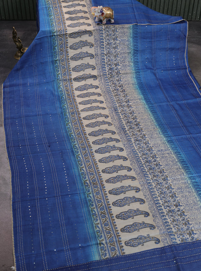Beige - Indigo Bluetussar Kantha Embroidery Silk Saree