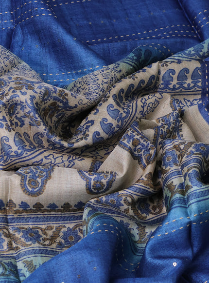 Beige - Indigo Bluetussar Kantha Embroidery Silk Saree
