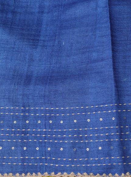 Beige - Indigo Bluetussar Kantha Embroidery Silk Saree