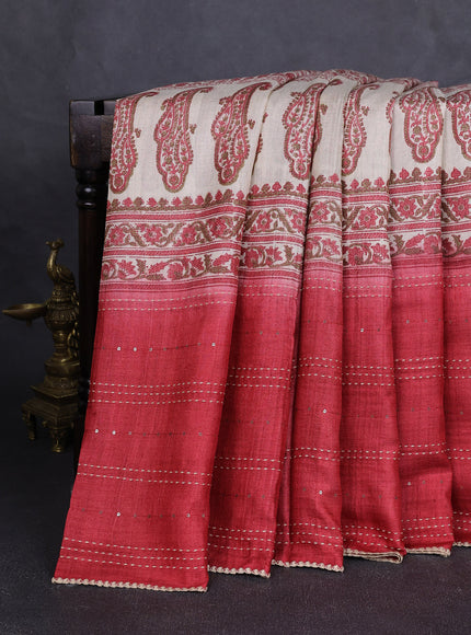 Beige - Red Tussar Kantha Embroidery Silk Saree