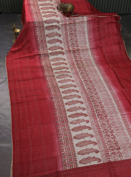 Beige - Red Tussar Kantha Embroidery Silk Saree
