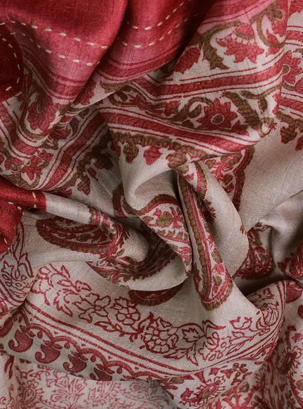 Beige - Red Tussar Kantha Embroidery Silk Saree