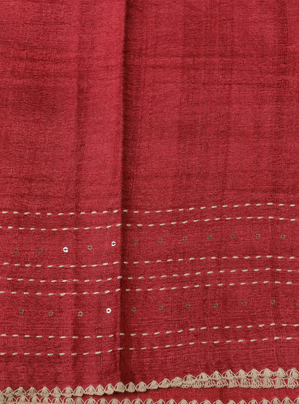 Beige - Red Tussar Kantha Embroidery Silk Saree