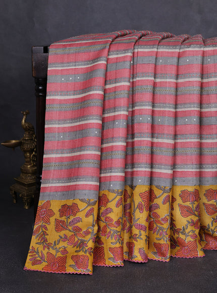 Grey & Peach - Mustard Tussar Kantha Embroidery Silk Saree