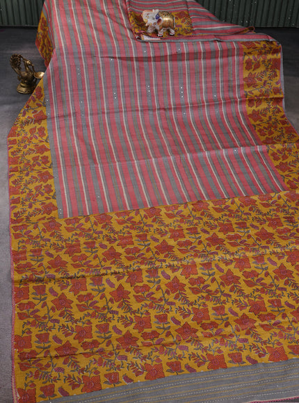 Grey & Peach - Mustard Tussar Kantha Embroidery Silk Saree