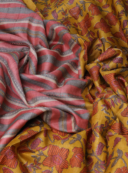 Grey & Peach - Mustard Tussar Kantha Embroidery Silk Saree