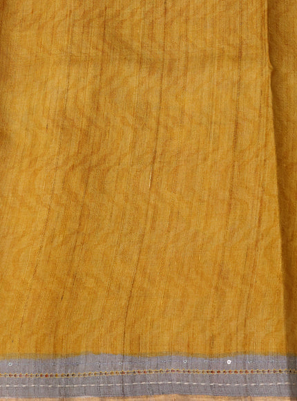 Grey & Peach - Mustard Tussar Kantha Embroidery Silk Saree