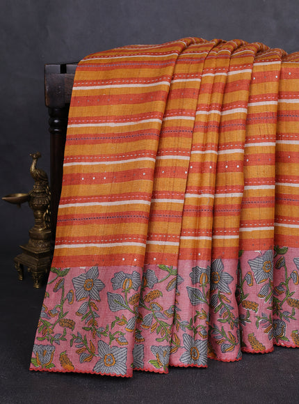 Mustard & Rust - Onion Pink Tussar  Kantha Embroidery Silk Saree