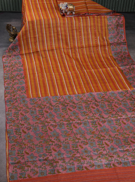 Mustard & Rust - Onion Pink Tussar  Kantha Embroidery Silk Saree