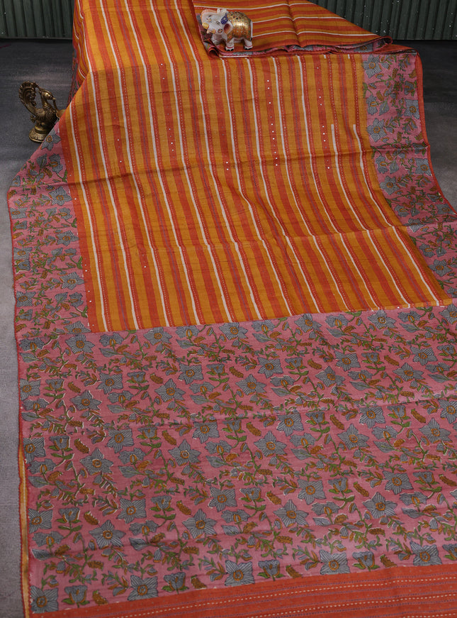 Mustard & Rust - Onion Pink Tussar  Kantha Embroidery Silk Saree