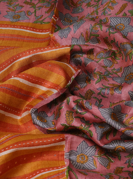 Mustard & Rust - Onion Pink Tussar  Kantha Embroidery Silk Saree