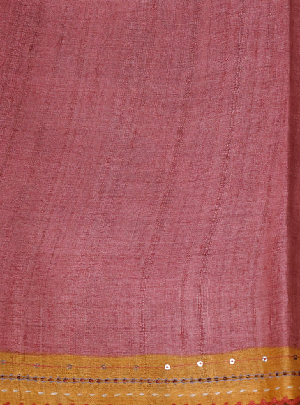 Mustard & Rust - Onion Pink Tussar  Kantha Embroidery Silk Saree