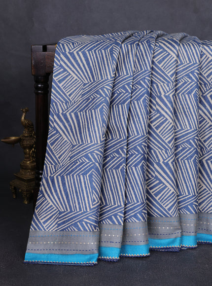 Beige & Blue - Firozi Bluetussar Kantha Embroidery Silk Saree