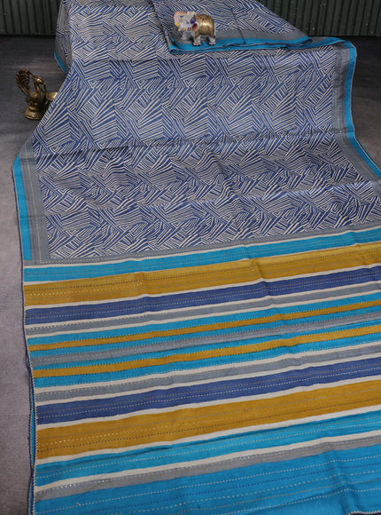 Beige & Blue - Firozi Bluetussar Kantha Embroidery Silk Saree
