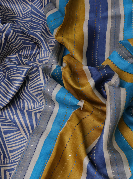 Beige & Blue - Firozi Bluetussar Kantha Embroidery Silk Saree