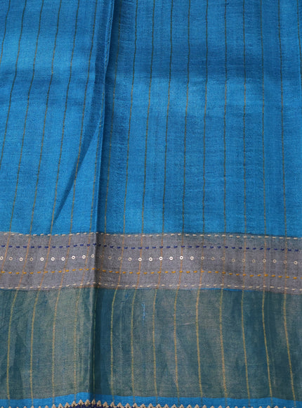 Beige & Blue - Firozi Bluetussar Kantha Embroidery Silk Saree