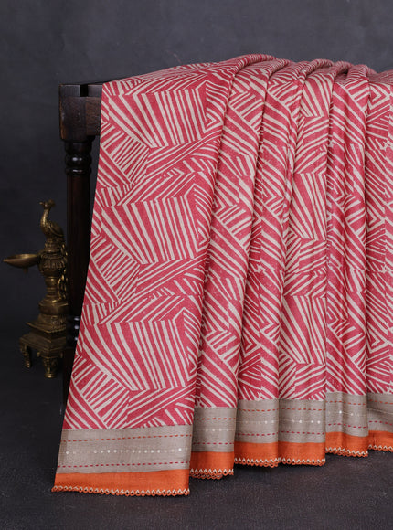 Beige & Red - Orange Tussar Kantha Embroidery Silk Saree