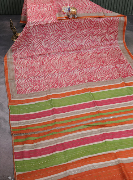 Beige & Red - Orange Tussar Kantha Embroidery Silk Saree