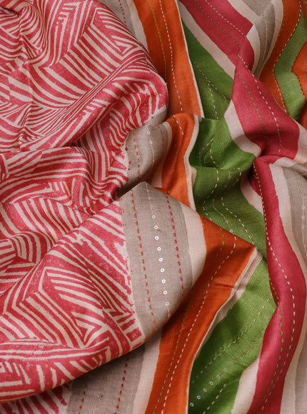 Beige & Red - Orange Tussar Kantha Embroidery Silk Saree