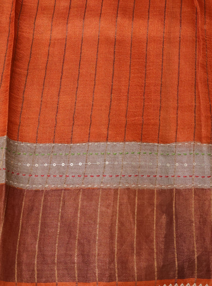 Beige & Red - Orange Tussar Kantha Embroidery Silk Saree