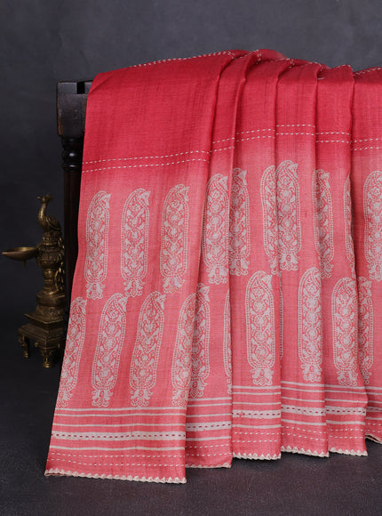Red - Peach Tussar Kantha Embroidery Silk Saree