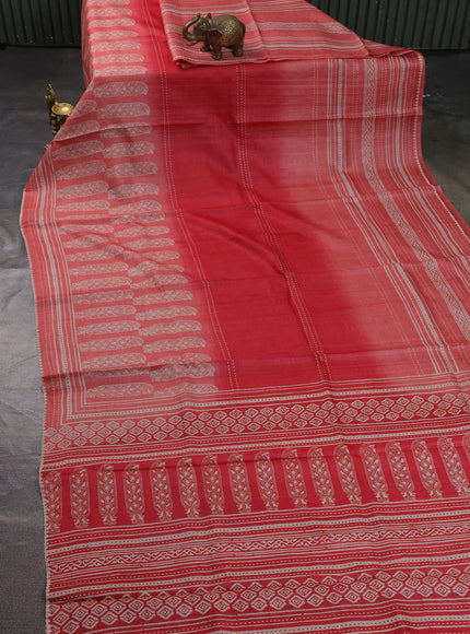 Red - Peach Tussar Kantha Embroidery Silk Saree