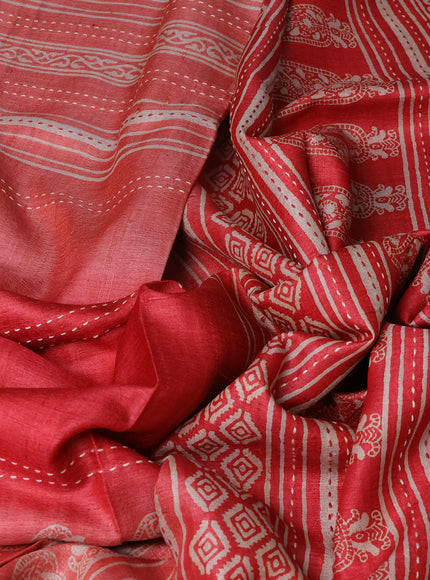 Red - Peach Tussar Kantha Embroidery Silk Saree