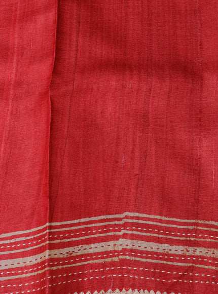 Red - Peach Tussar Kantha Embroidery Silk Saree
