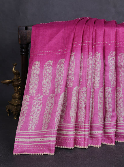 Pink - Light Pink Tussar Kantha Embroidery Silk Saree