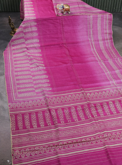 Pink - Light Pink Tussar Kantha Embroidery Silk Saree