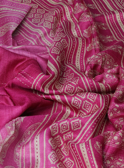 Pink - Light Pink Tussar Kantha Embroidery Silk Saree