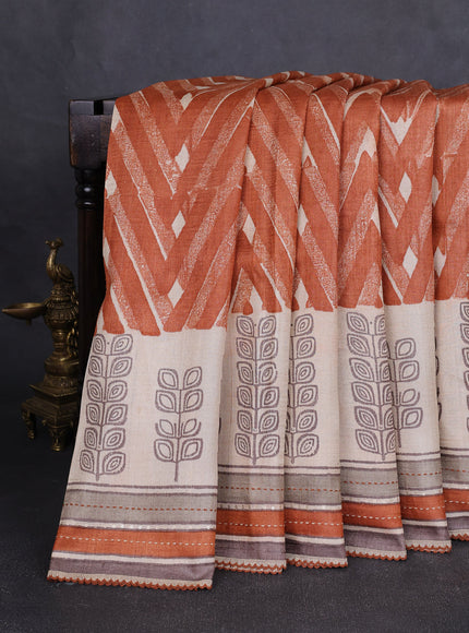 Rust -Beige Tussar Kantha Embroidery Silk Saree