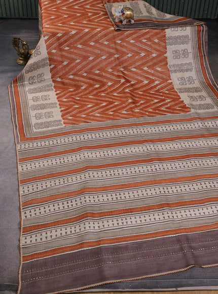 Rust -Beige Tussar Kantha Embroidery Silk Saree