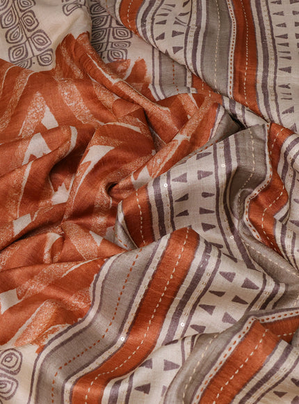 Rust -Beige Tussar Kantha Embroidery Silk Saree