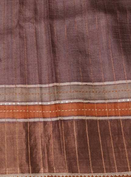 Rust -Beige Tussar Kantha Embroidery Silk Saree