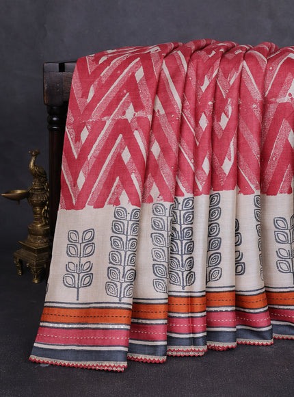 Red & Beige - Elephant Grey Tussar Kantha Embroidery Silk Saree