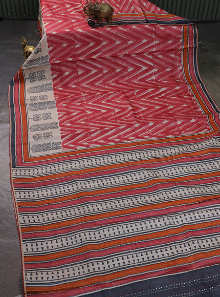 Red & Beige - Elephant Grey Tussar Kantha Embroidery Silk Saree