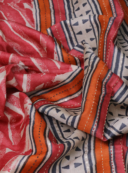 Red & Beige - Elephant Grey Tussar Kantha Embroidery Silk Saree