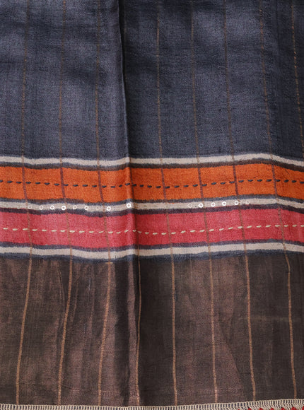 Red & Beige - Elephant Grey Tussar Kantha Embroidery Silk Saree
