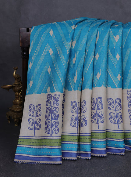 Firozi Blue & Beige -Blue Tussar Kantha Embroidery Silk Saree