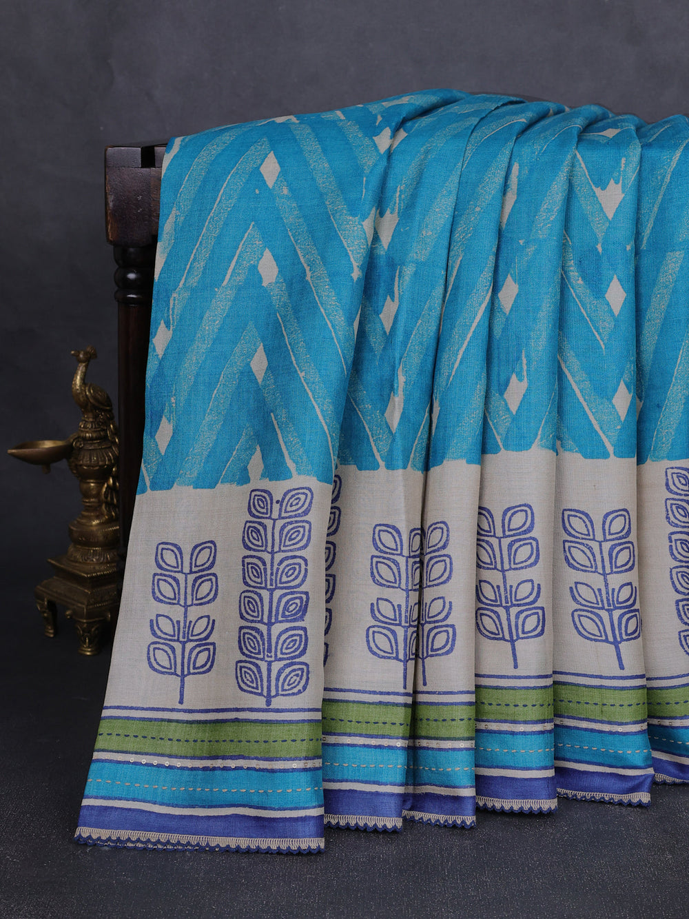 Firozi Blue & Beige -Blue Tussar Kantha Embroidery Silk Saree
