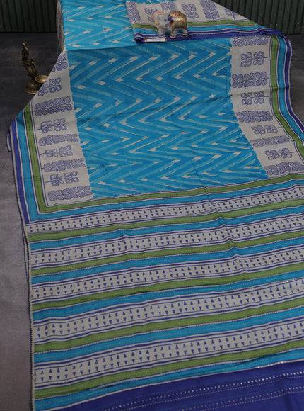 Firozi Blue & Beige -Blue Tussar Kantha Embroidery Silk Saree