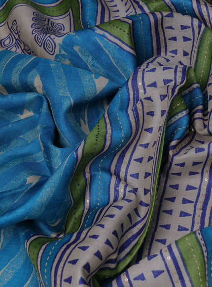Firozi Blue & Beige -Blue Tussar Kantha Embroidery Silk Saree