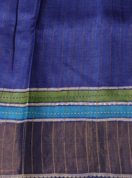 Firozi Blue & Beige -Blue Tussar Kantha Embroidery Silk Saree