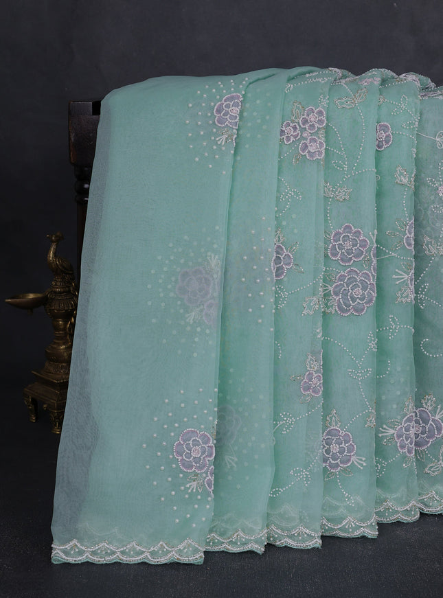 Teal Blue Organza Embroidery Saree