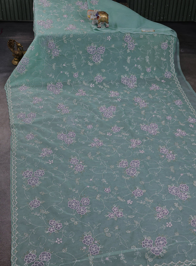 Teal Blue Organza Embroidery Saree