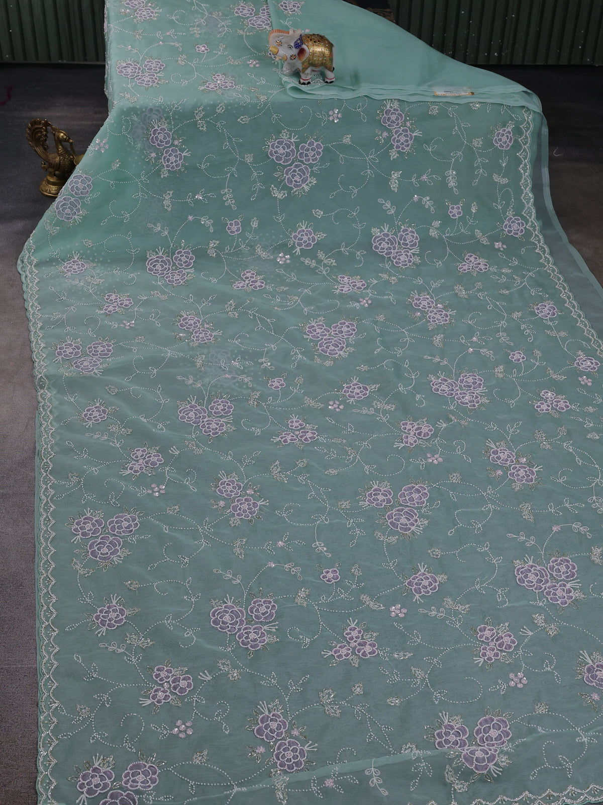 Teal Blue Organza Embroidery Saree
